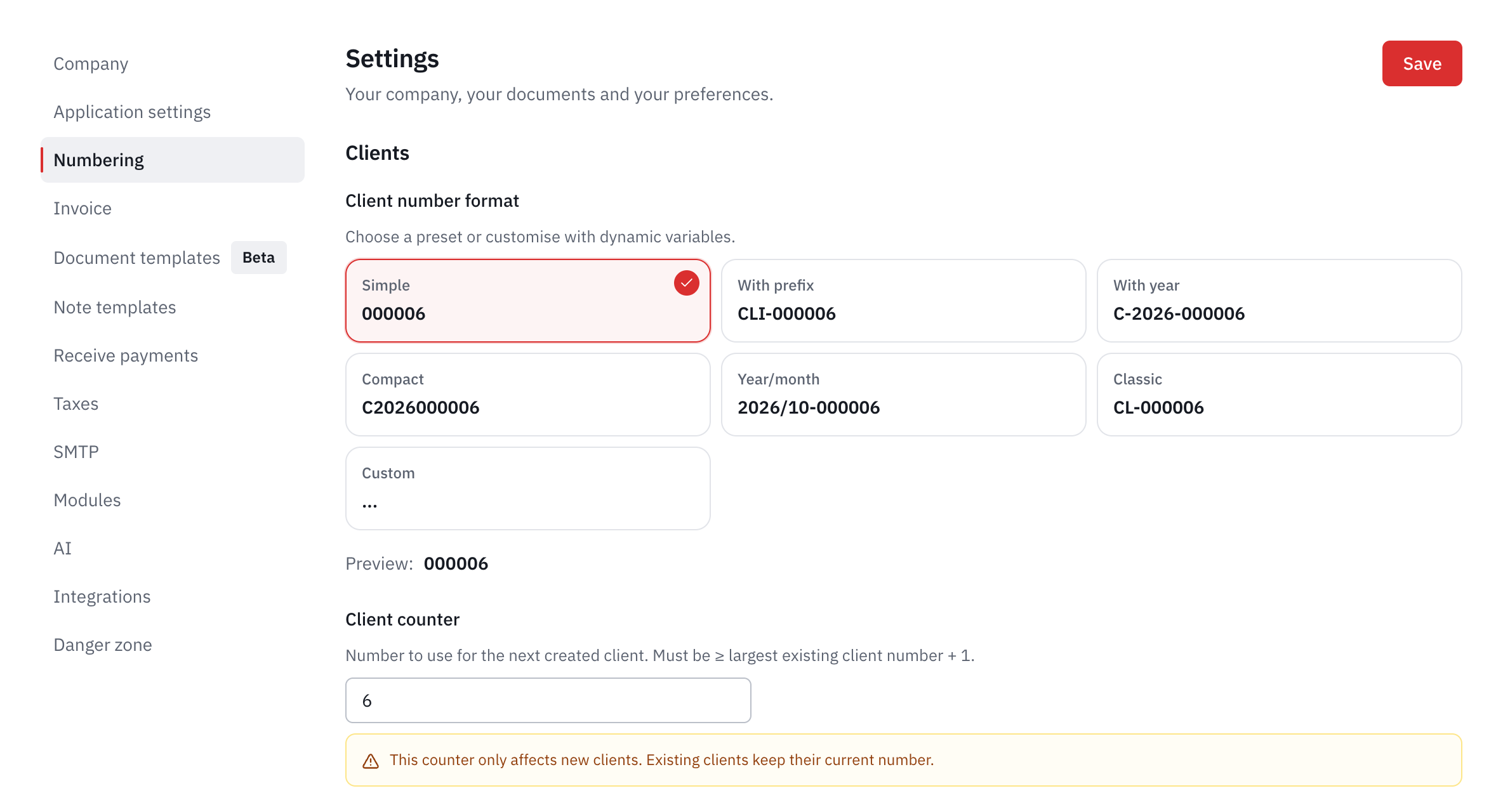 The Clients part of the numbering: the formats offered, the preview and the client counter.