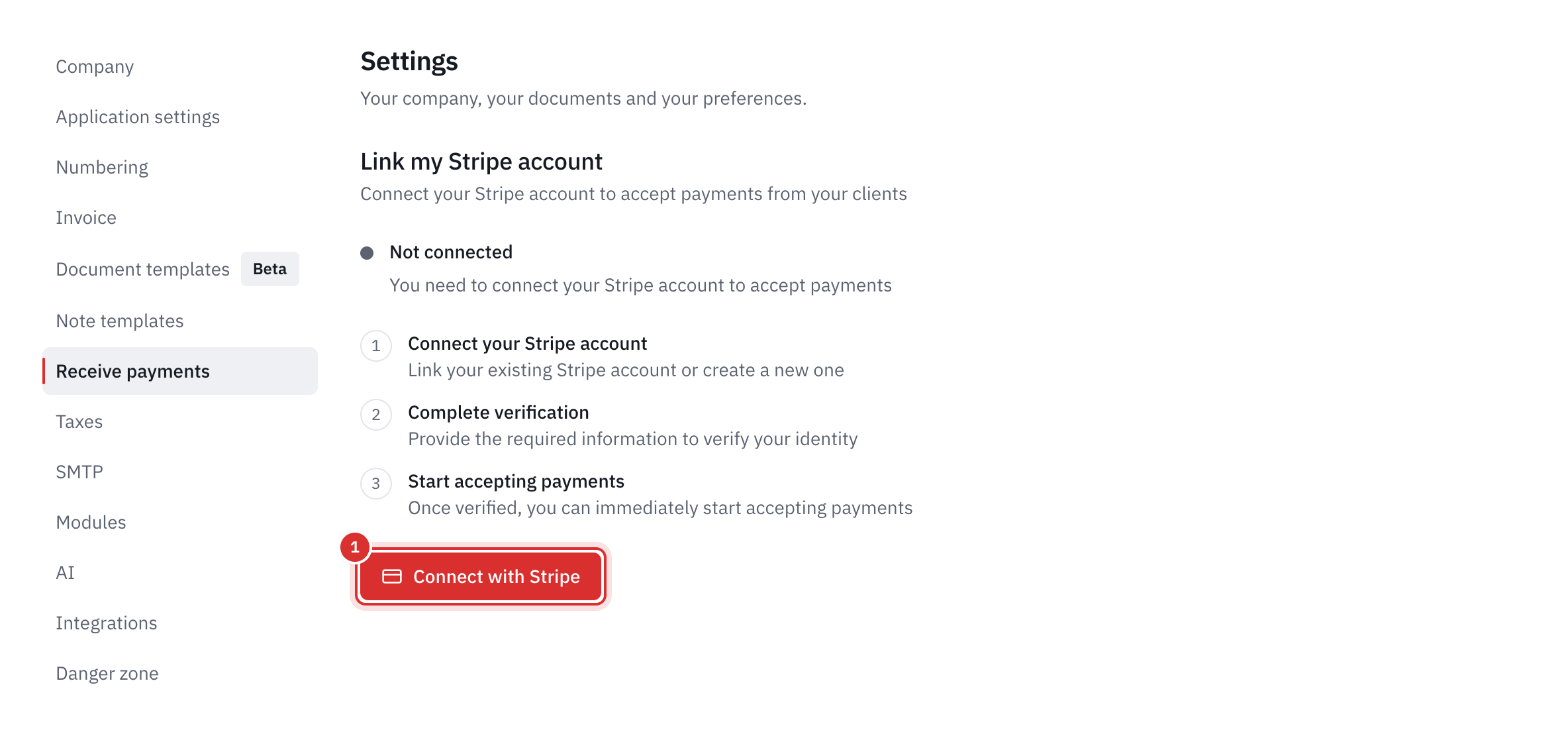 The Receive Payments tab: the Not connected box, the three steps and the Connect with Stripe button.