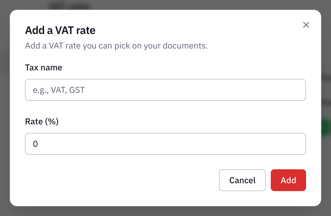 The Add a VAT rate window: the tax name and the rate as a percentage.
