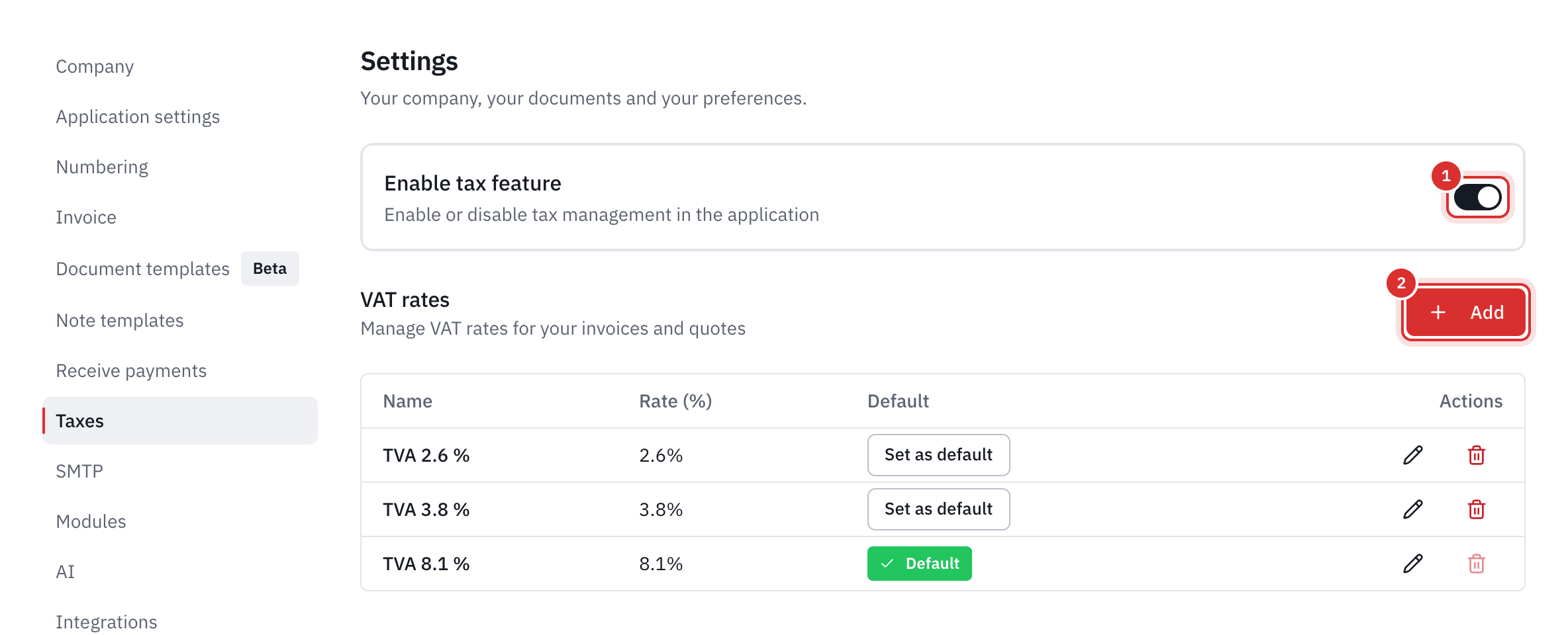 The Taxes tab: the Enable tax feature switch and the list of VAT rates, with the default rate.