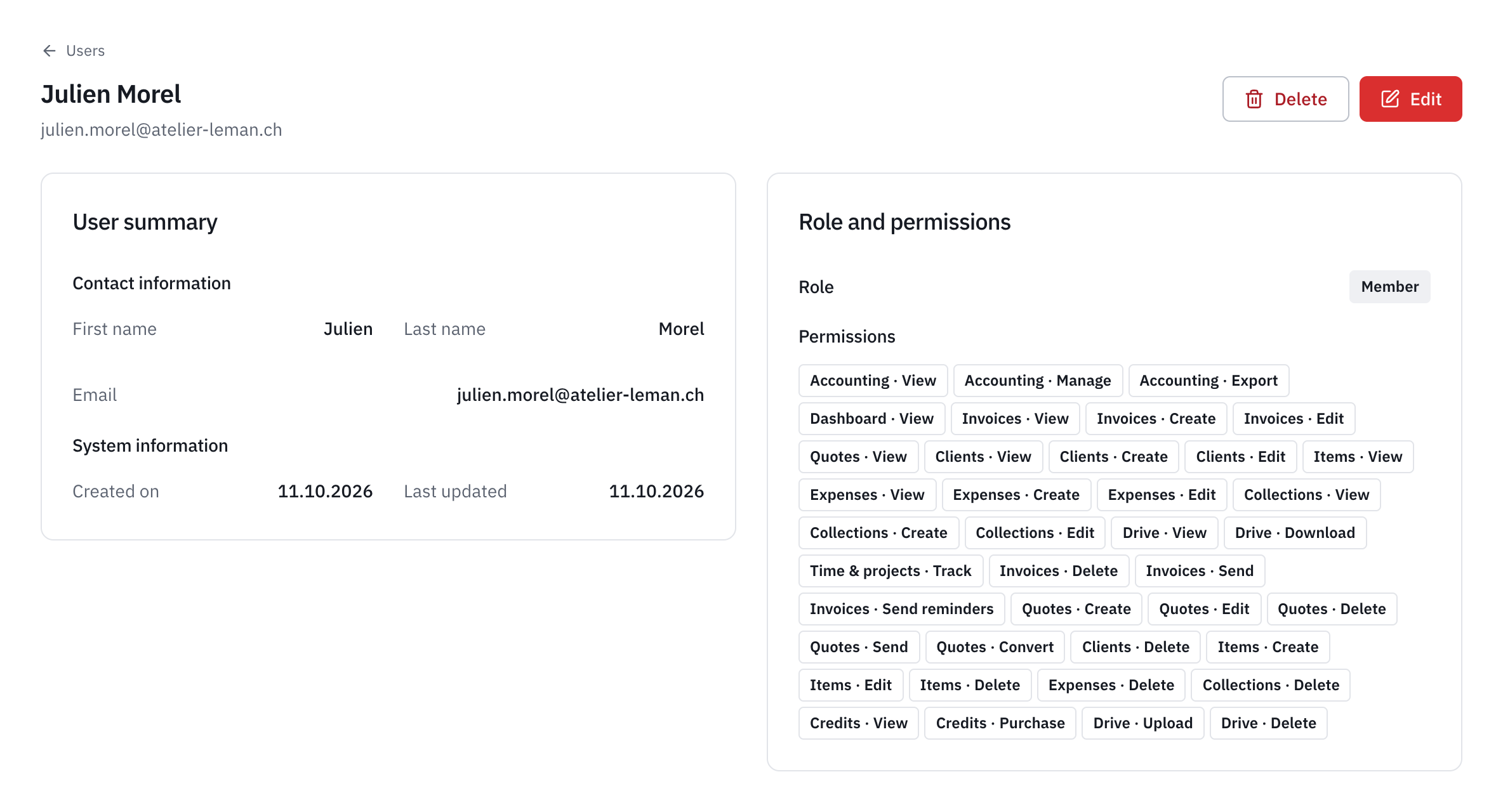 A user’s record: their summary, their contact details, their dates and their role with its permissions.