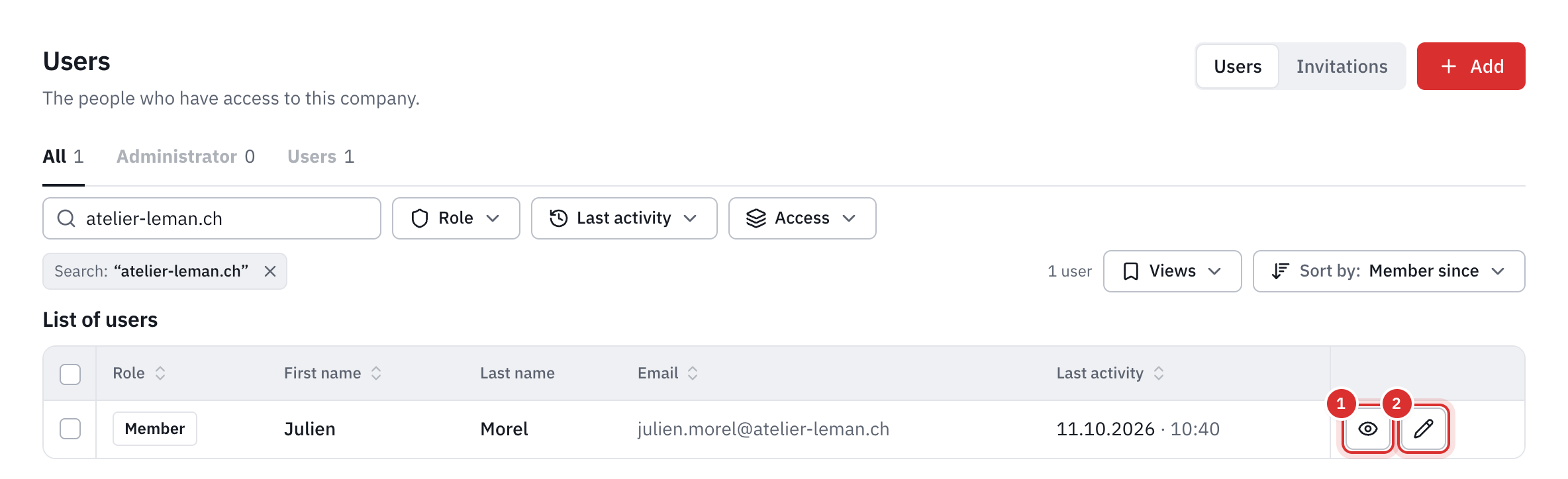 The list of users: each person’s role, first name, last name, email and last activity, with the Details and Edit buttons.