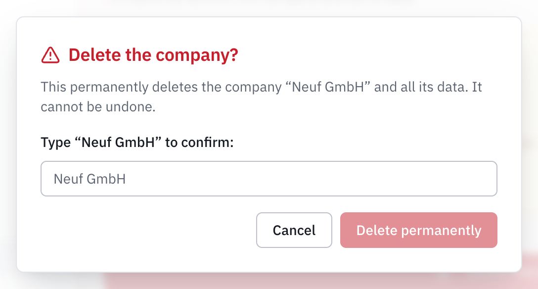The Delete the company? window: the company’s name to type and the Delete permanently button.