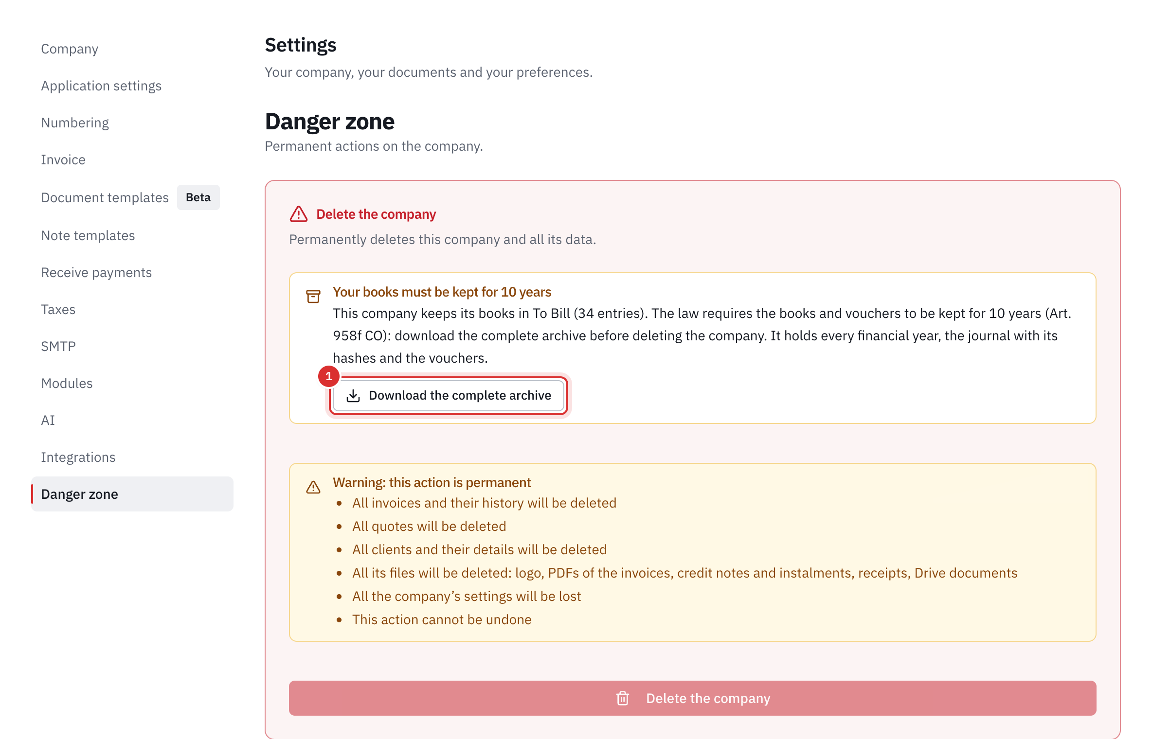 The danger zone, Delete the company part: the Your books must be kept for 10 years box with the Download the complete archive button, the list of what will be deleted, files included and the greyed-out Delete the company button.