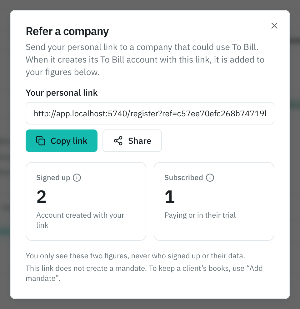 The cockpit’s Refer a company window: the personal link, Copy link and Share, the Signed up and Subscribed counters, and the sentence This link does not create a mandate.