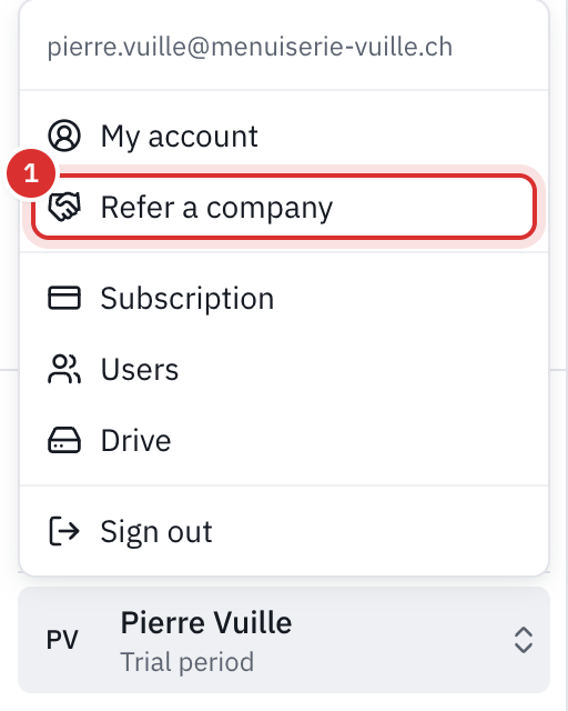 The account menu open at the bottom left, with the entry Refer a company under My account.
