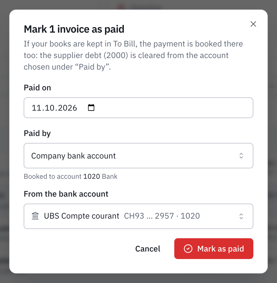 The Mark 1 invoice as paid window: the payment date, Paid by Company bank account, recorded on account 1020, and the UBS current account.