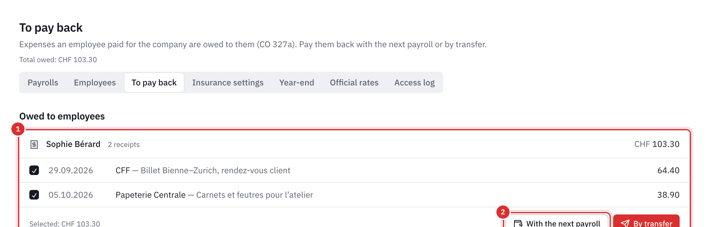 The To pay back page: under Owed to employees, two expenses advanced by Sophie Bérard, ticked, with the With the next payroll and By transfer buttons.