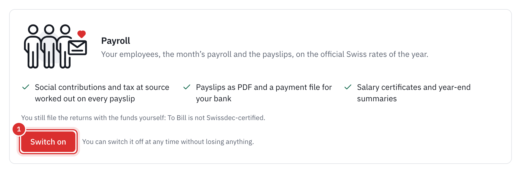 The Payroll card in Settings, Modules: what the module does, the Swissdec note and the Switch on button.