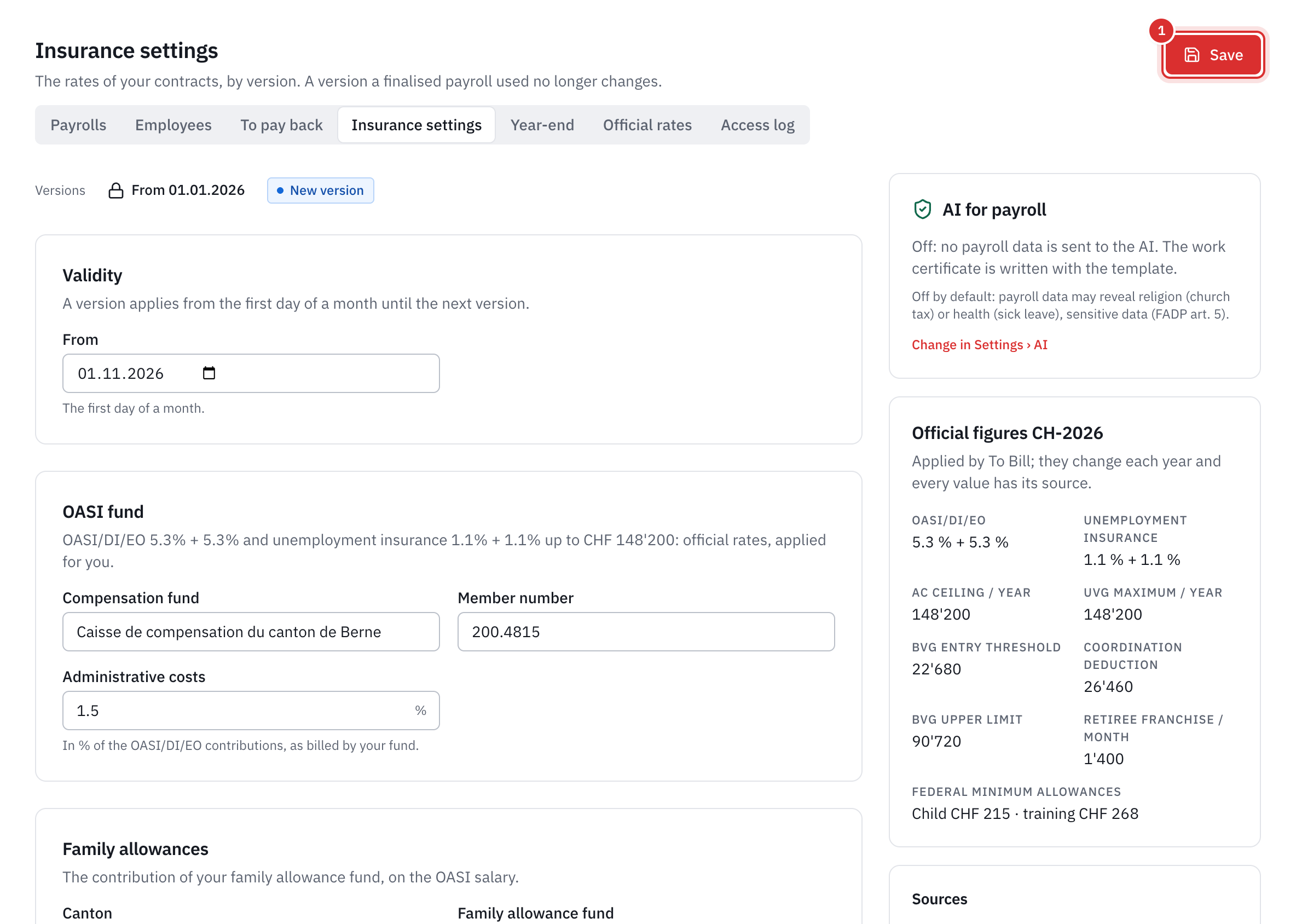 A new version of the insurance settings: the validity date, the OASI fund and, on the right, the year’s official figures.