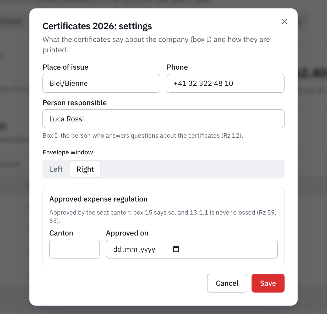 The Certificates 2026: settings window: place of issue, phone, person responsible, envelope window and approved expense regulation.