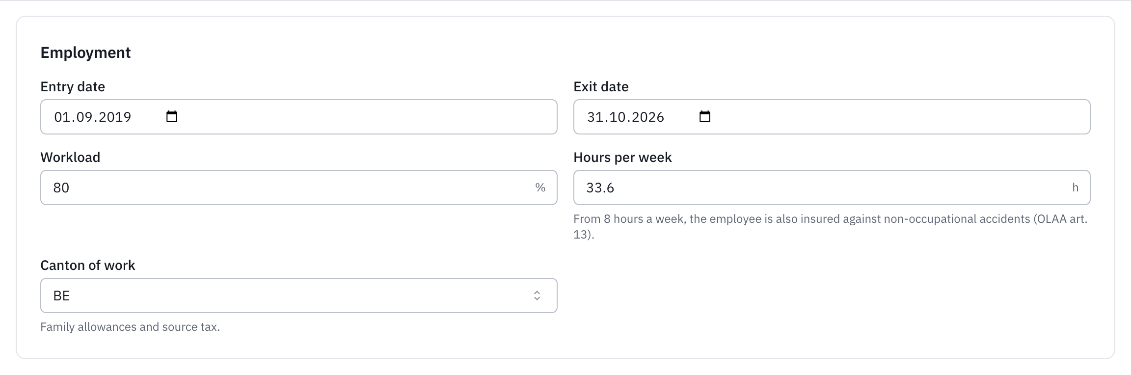 The Employment section: entry date, exit date, workload, hours per week and canton of work.