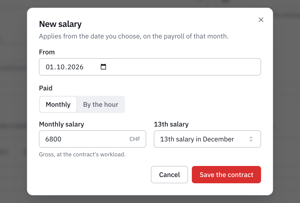 The New salary window: the effective date, the monthly salary and the 13th salary.