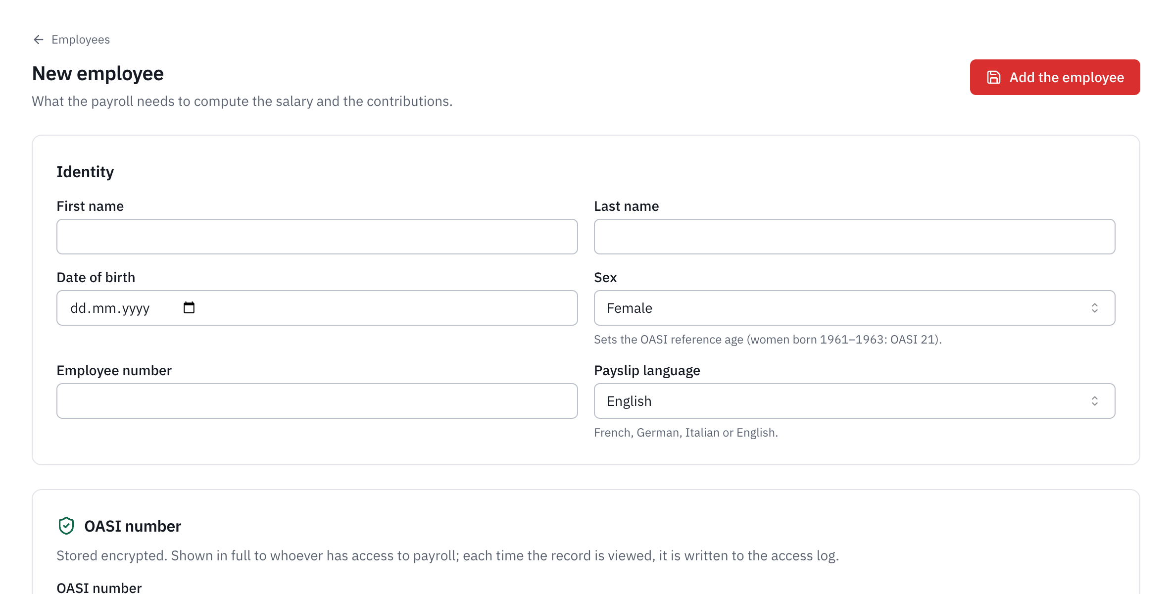 The New employee form: the Identity and OASI number sections.