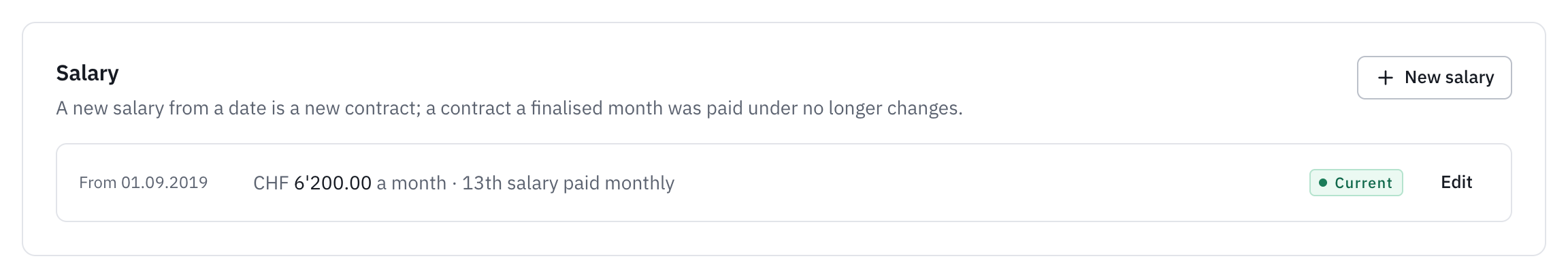 An employee’s Salary section: the contract in force and the New salary button.