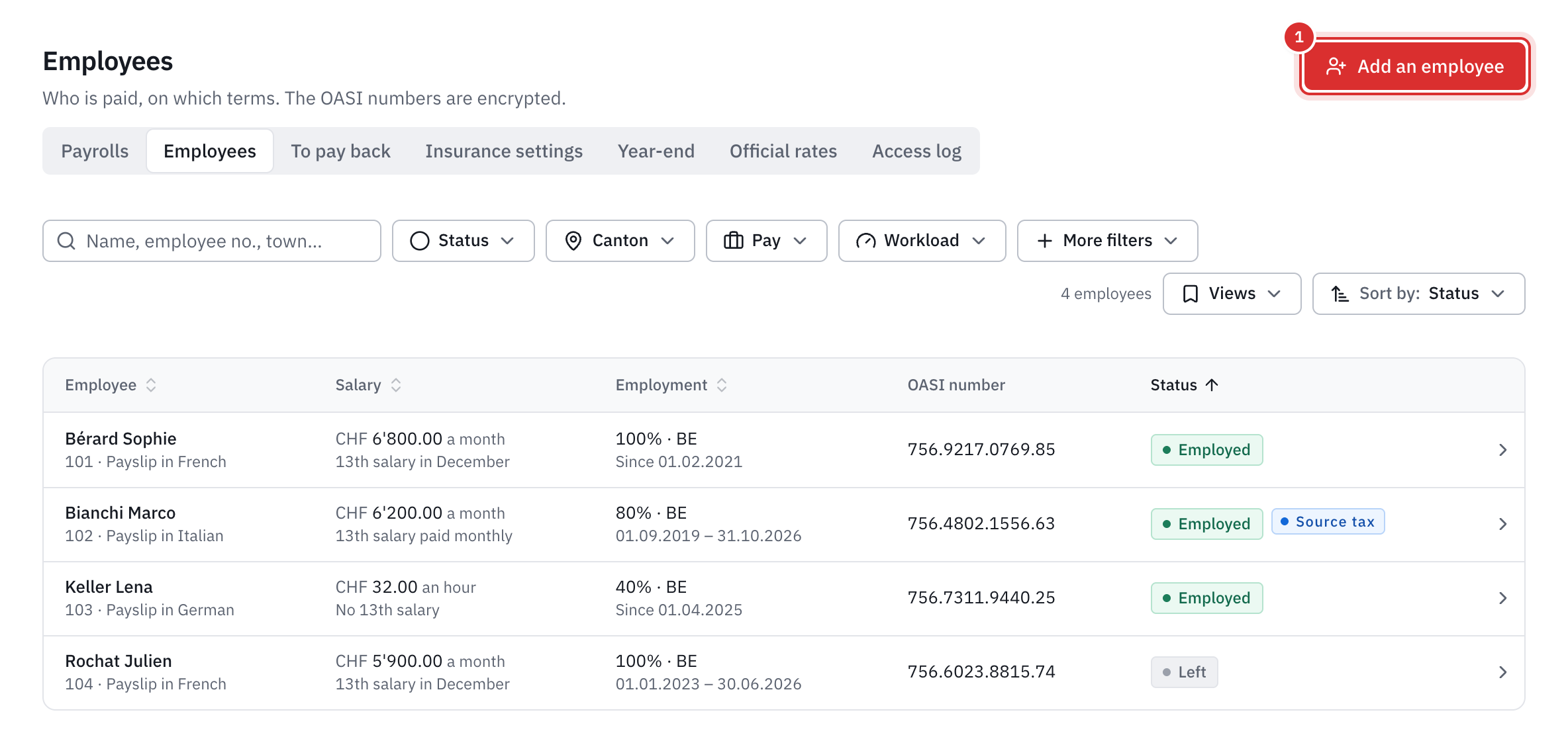 The employee list: salary, employment, full OASI number and state, with the Add an employee button.