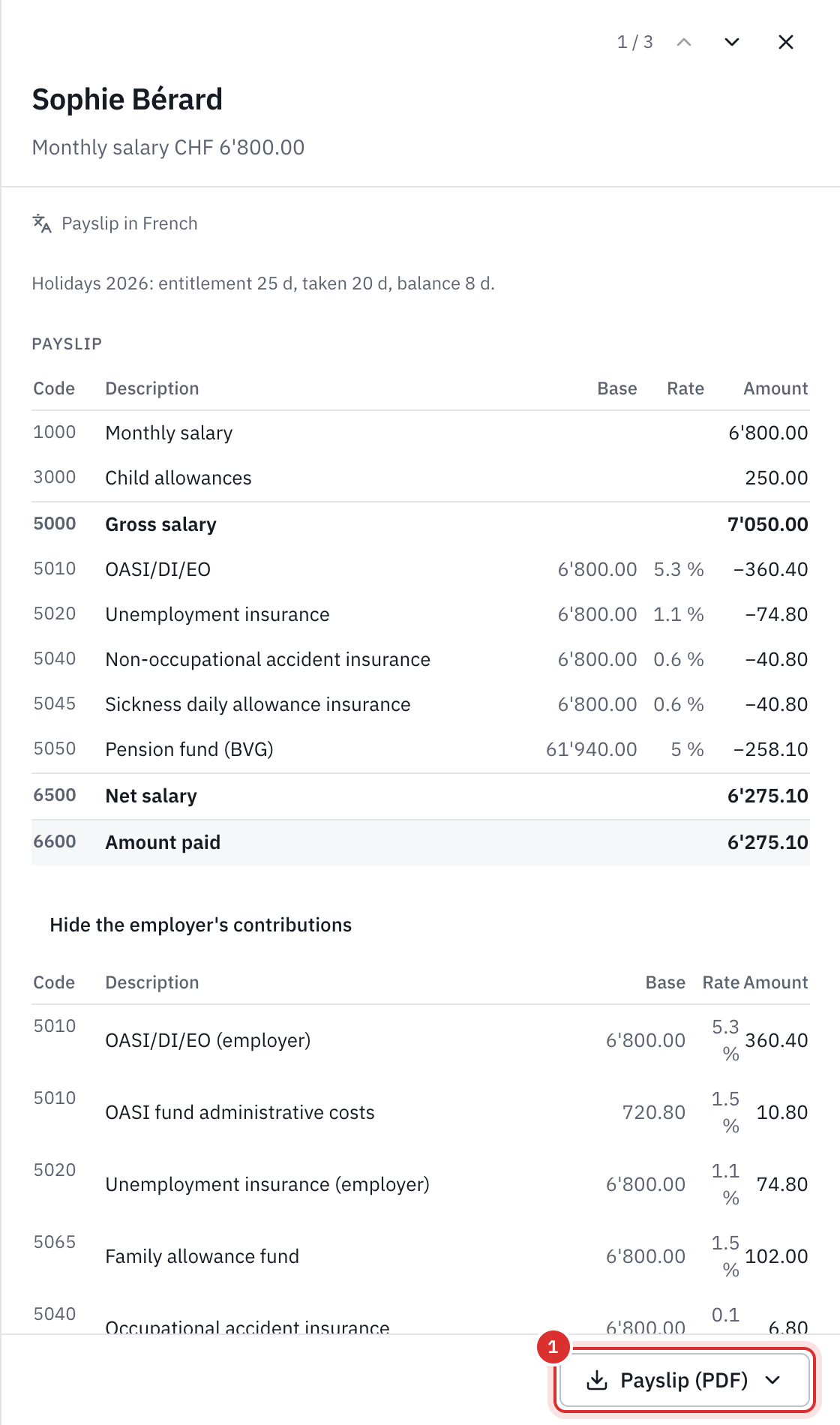 An employee’s payslip in the payroll: the salary lines, the deductions, the net and the employer contributions.