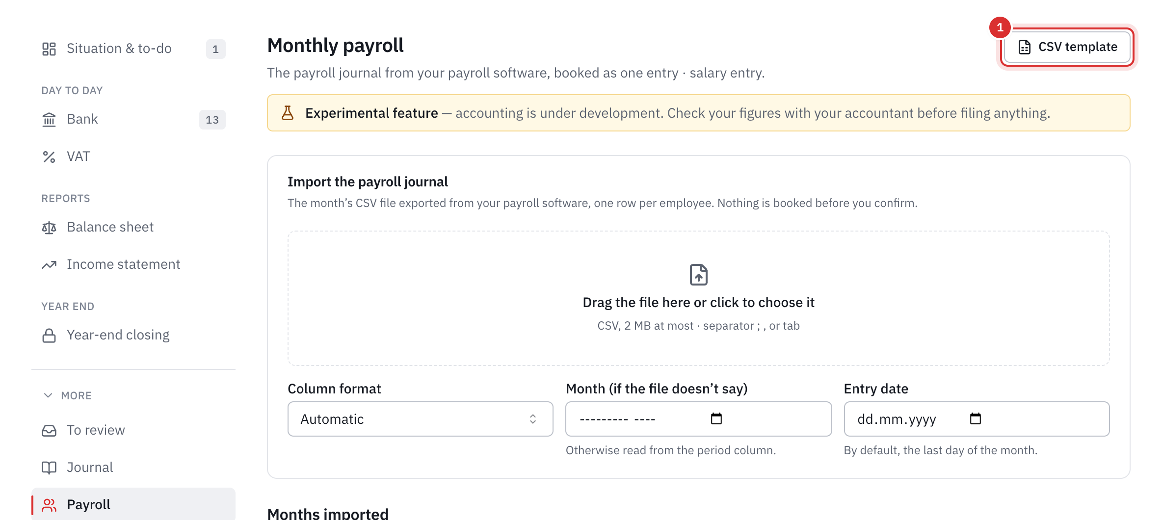 The accounting’s Monthly payroll page: the area to drop the journal, the column format, the month and the entry date.