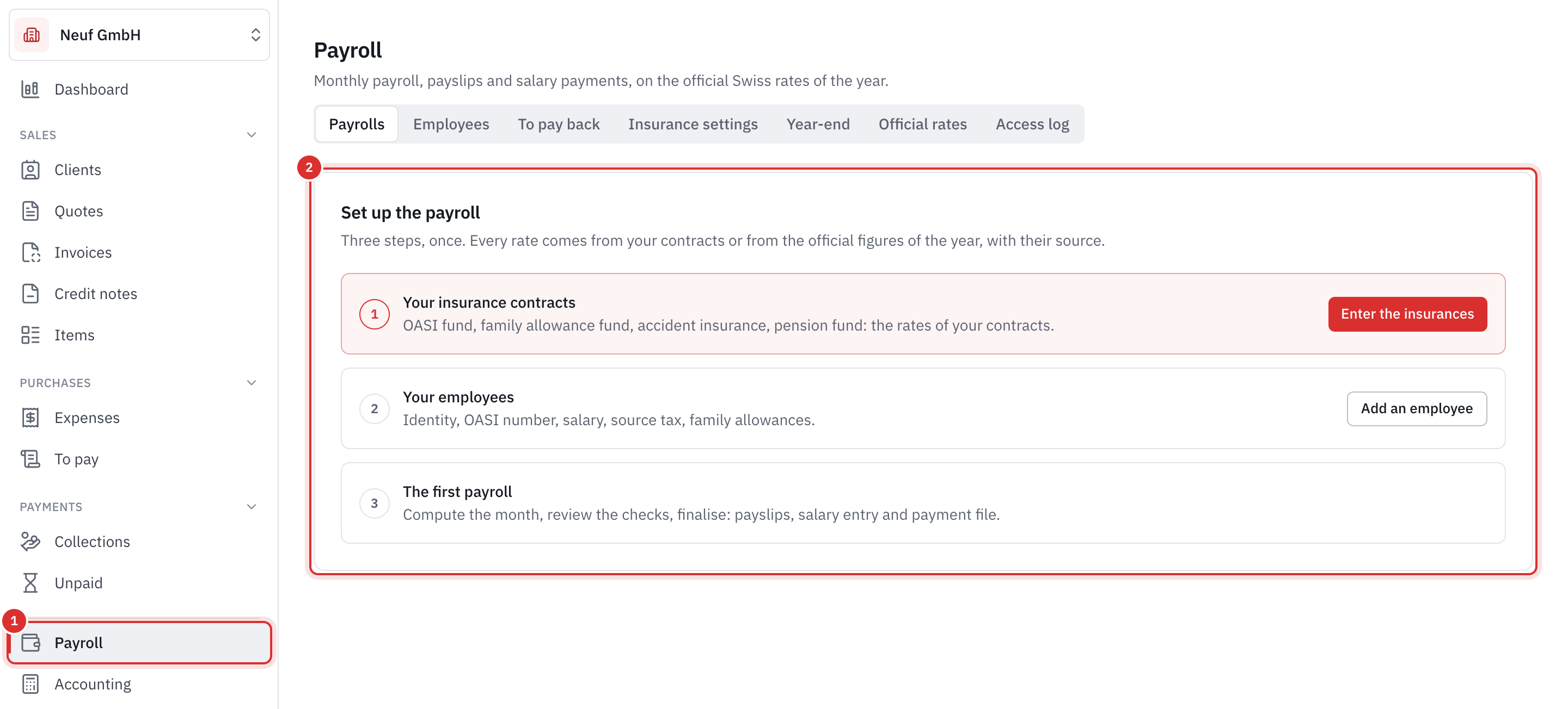 The Payroll page of a company that has just turned on the module: the Payroll menu and the three setup steps.