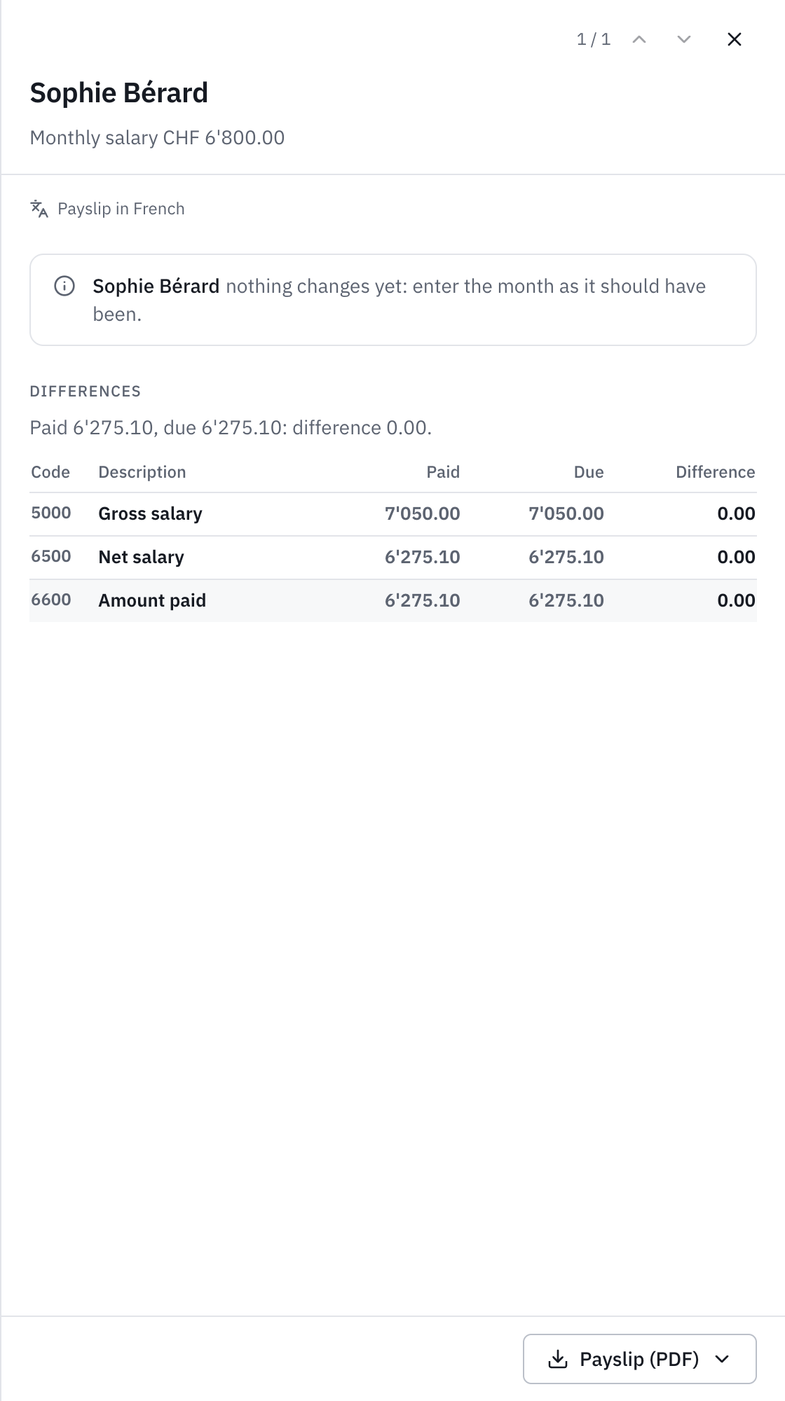 An employee’s correction payslip: the correct bonus entered, then the differences line by line, paid, due and difference, with the additional amount to pay.