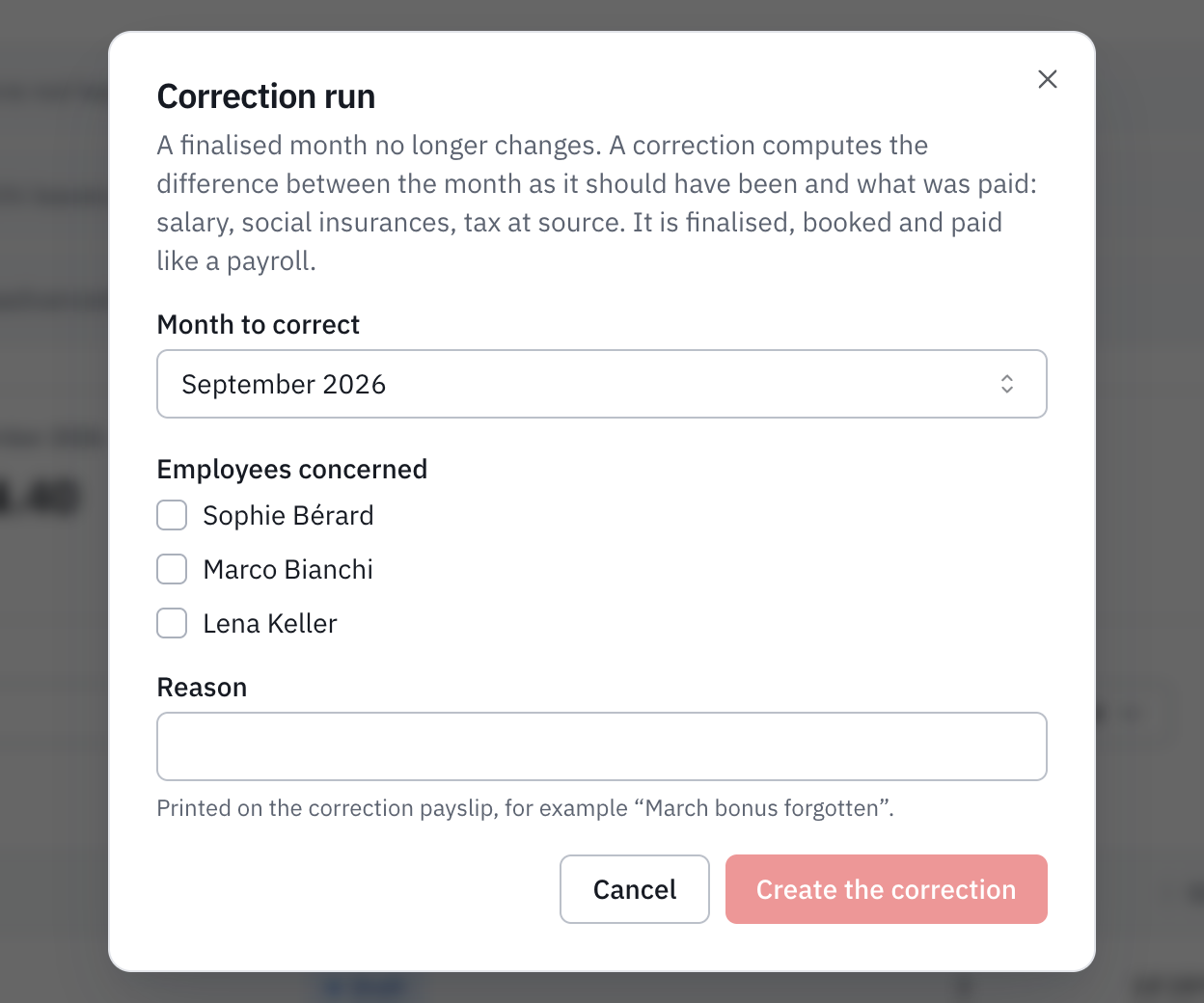 The Correction run window: the month to correct, the employees concerned and the reason.