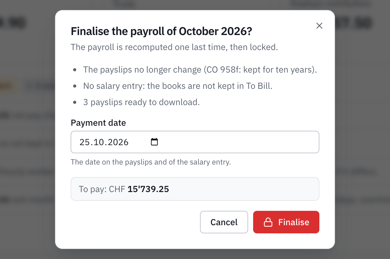 The Finalise the payroll window: what is going to happen, the payment date and the amount to pay.