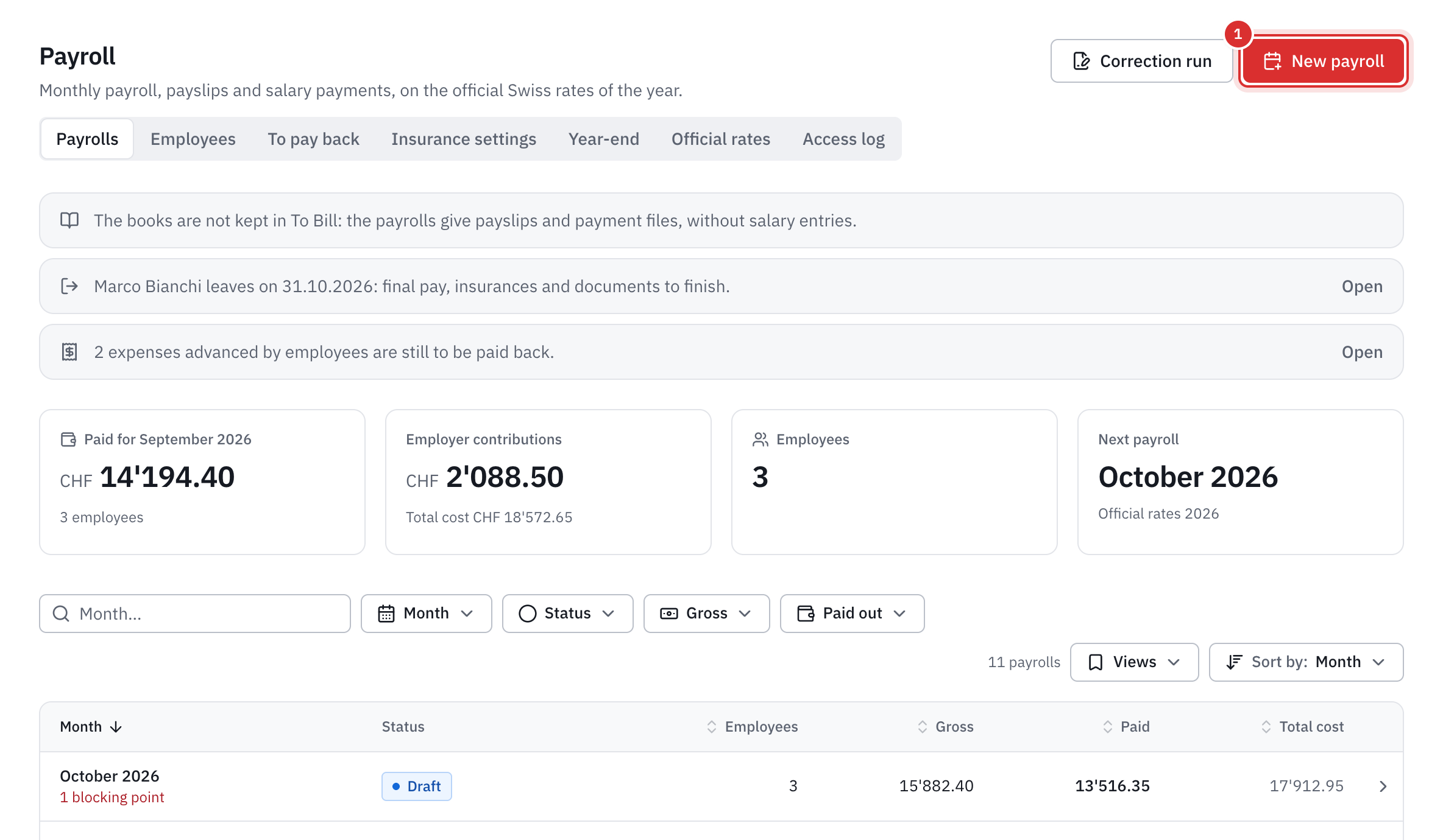 The Payroll page: the figures of the last month paid, the next payroll and the list of payrolls, with the New payroll button.