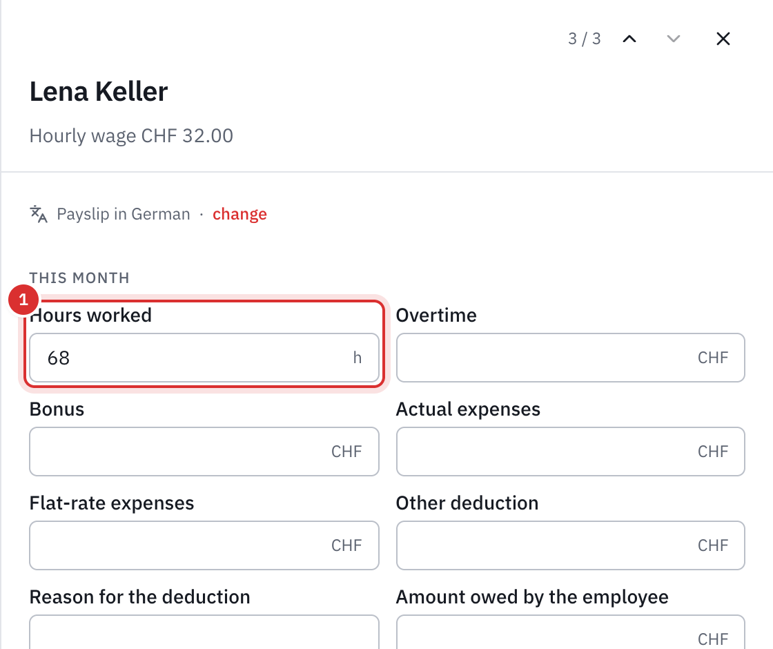 The payslip of an employee paid by the hour: the month’s entries, with 68 hours worked, her checks and her payslip.