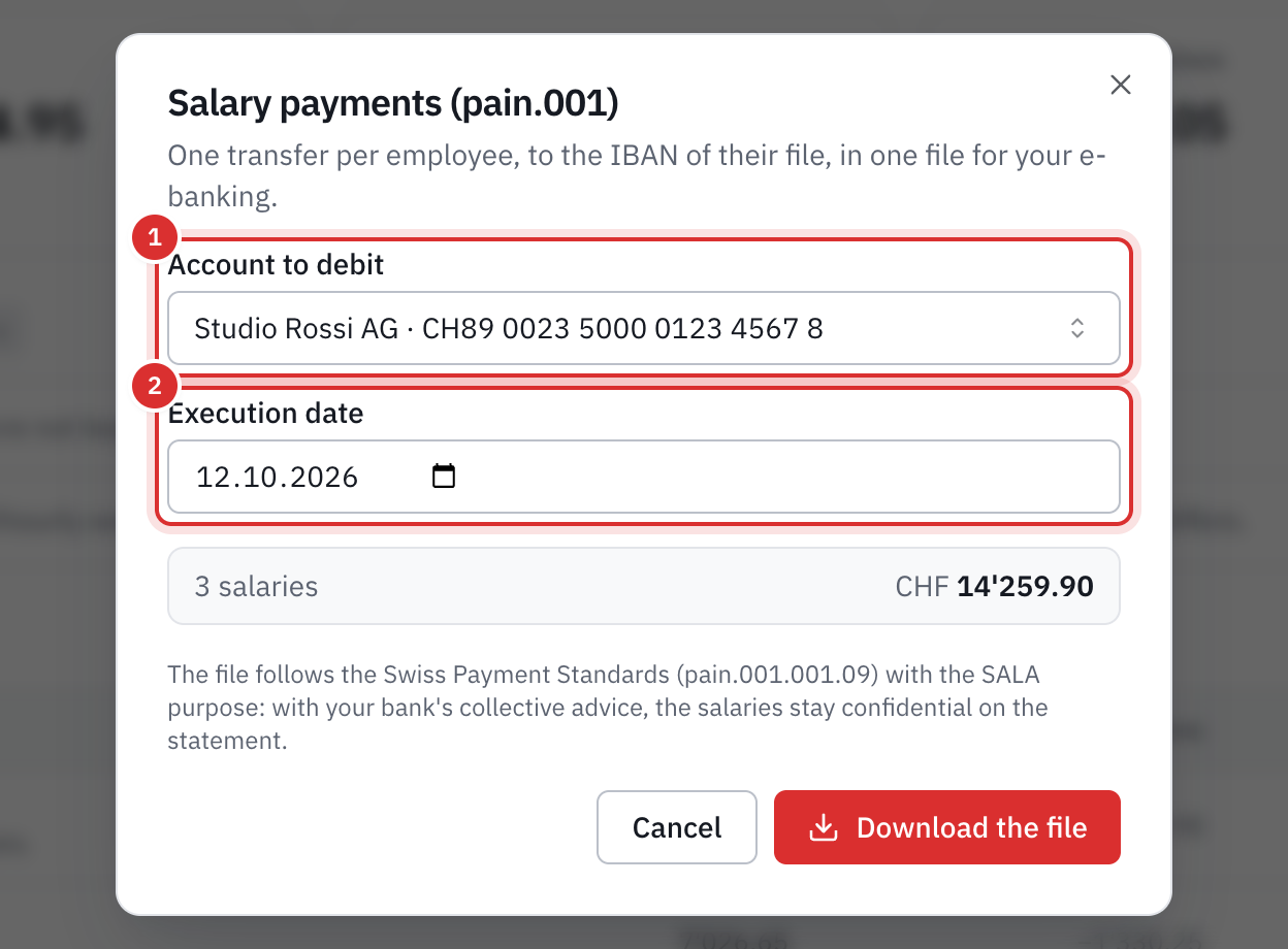 The Salary payments window: the account to debit, the execution date, the number of salaries and the total.
