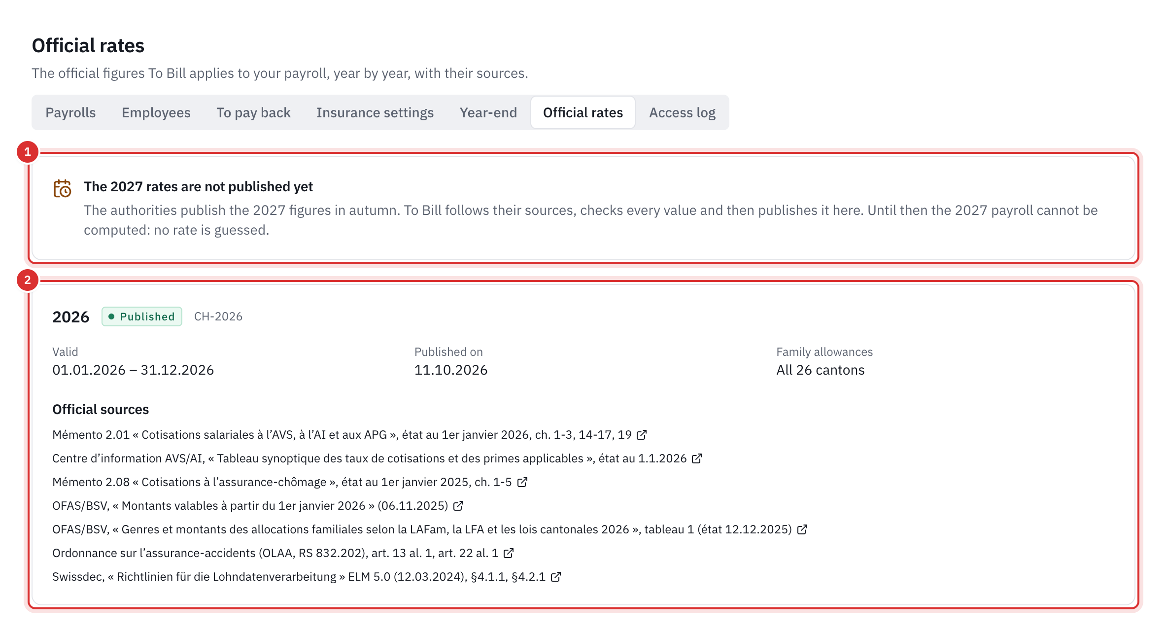 The Official rates page: the box for the 2027 rates not yet published (1), then the published year 2026 with its period, publication date, the 26 cantons and its official sources (2).