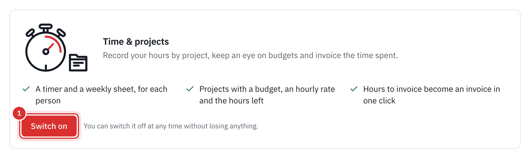 The Time & projects card in Settings, Modules, with the Switch on button.