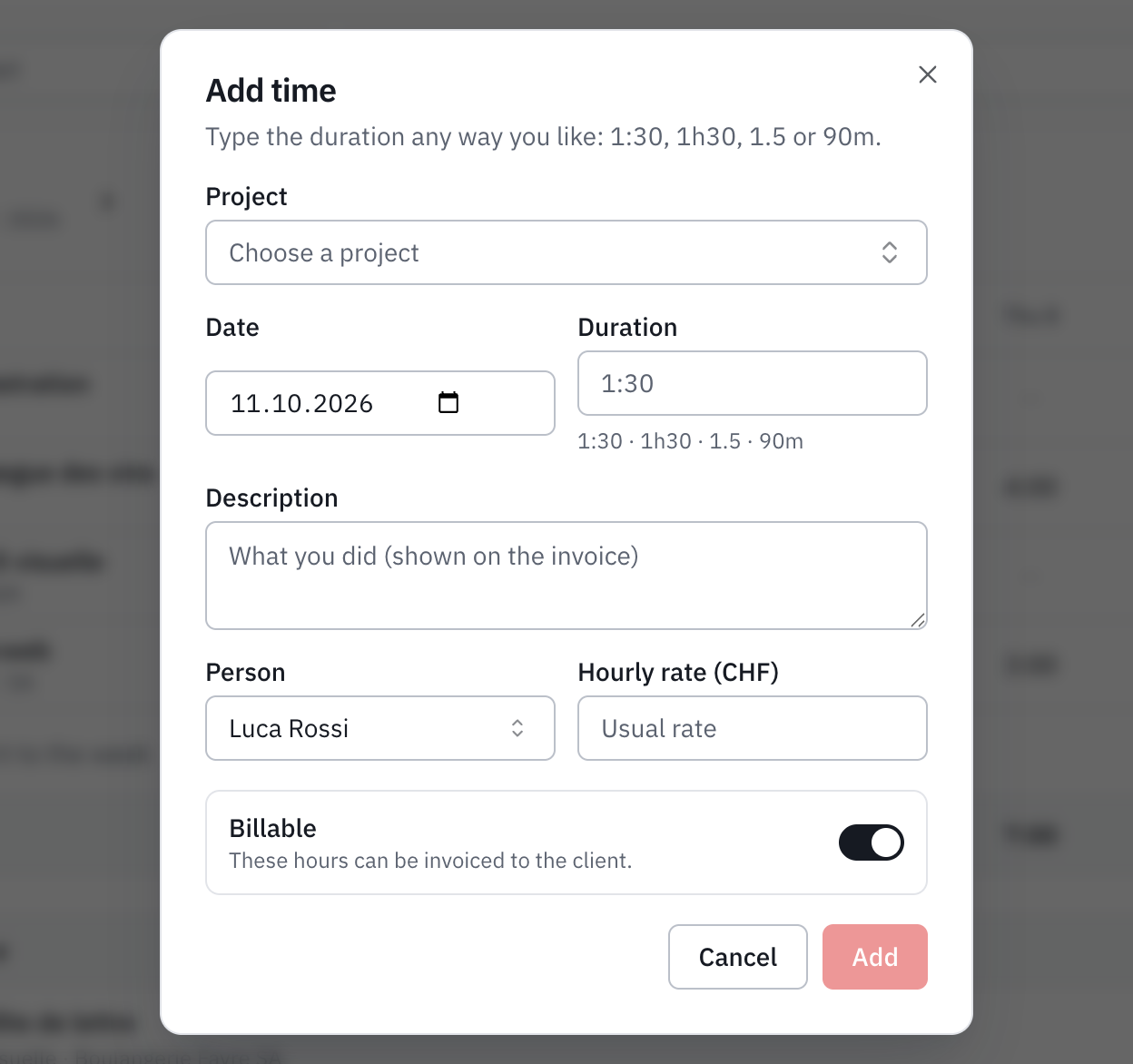 The Add time window: project, date, duration, description, person, hourly rate and billable.