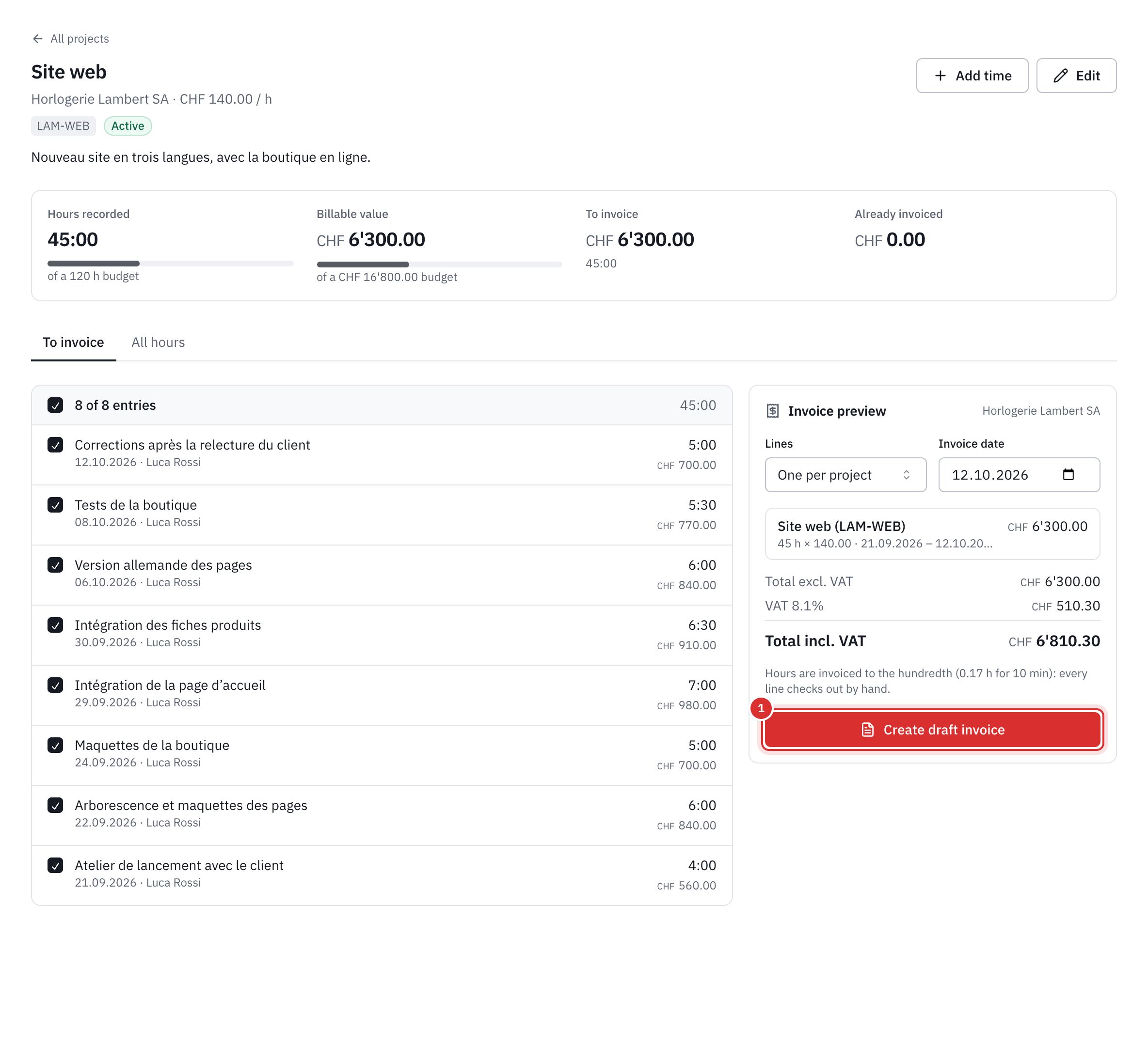 A project’s To invoice tab: the ticked hours on the left, the invoice preview on the right with the total incl. VAT and the Create draft invoice button.