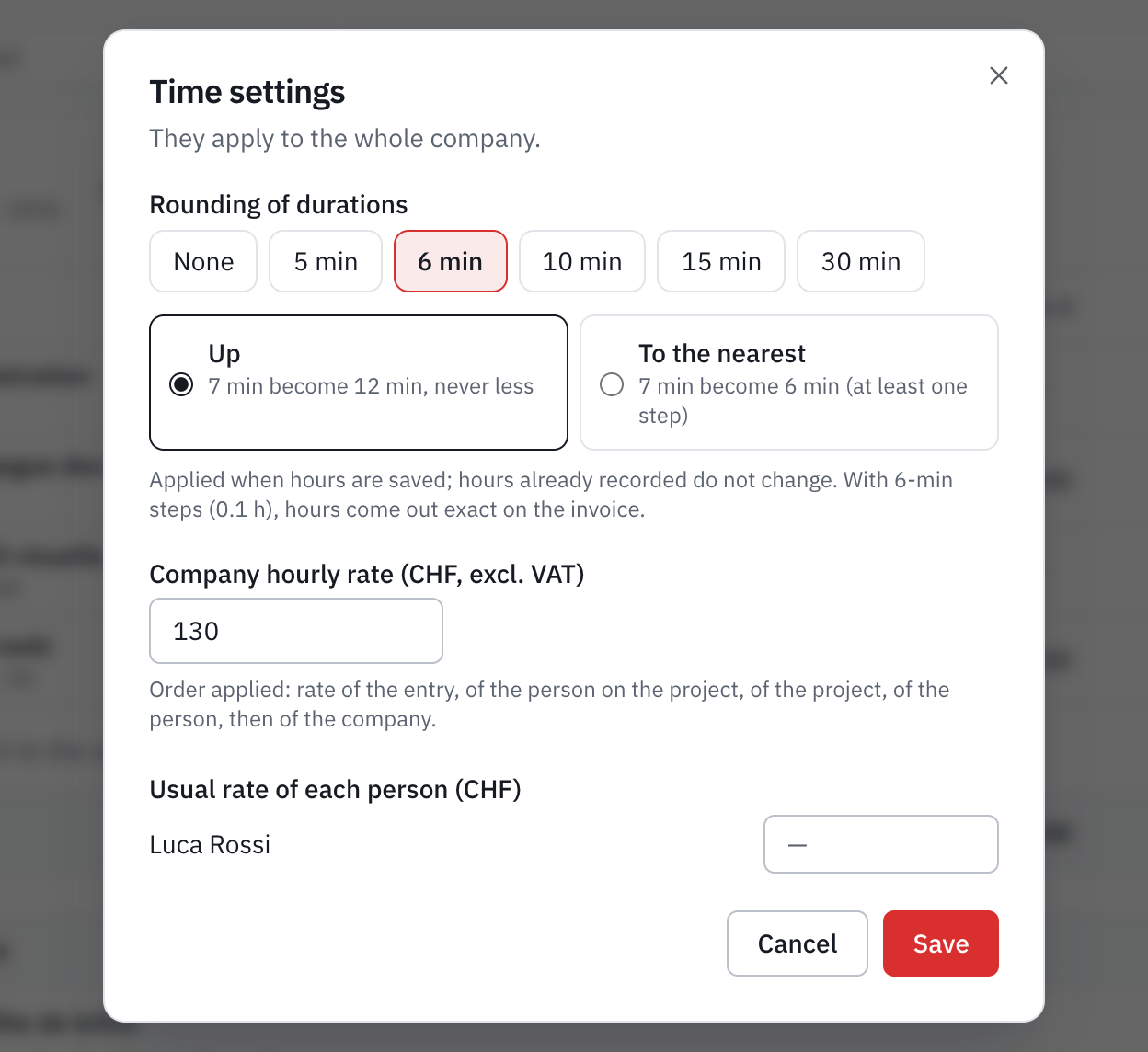 The Time settings window: rounding of durations, rounding direction, the company hourly rate and each person’s usual rate.