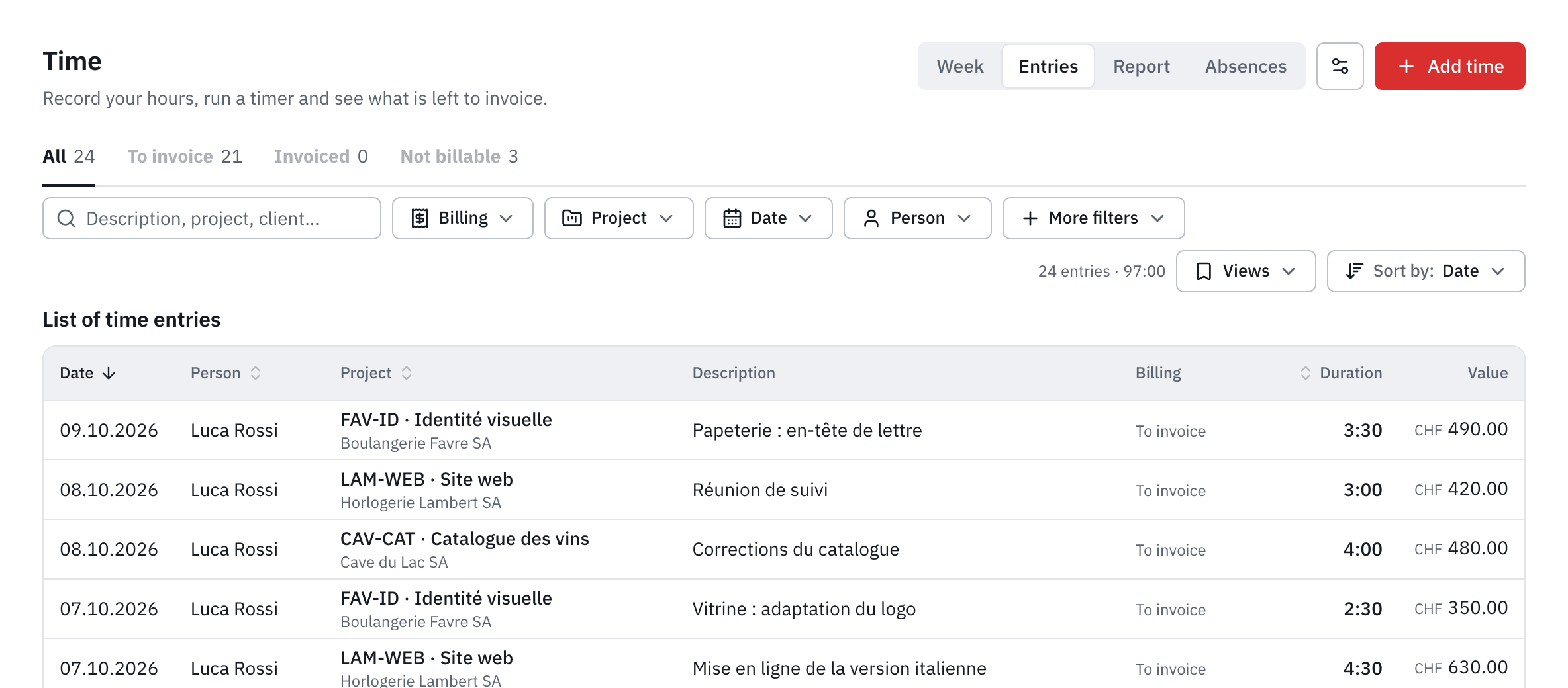 The Entries tab: the All, To invoice, Invoiced and Not billable tabs, the filters and the list of entries with their value.