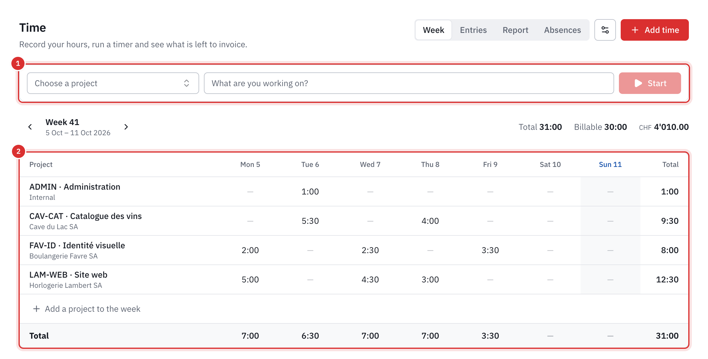 The Time page, Week tab: the timer, then the grid with one row per project, the hours of each day and the totals.
