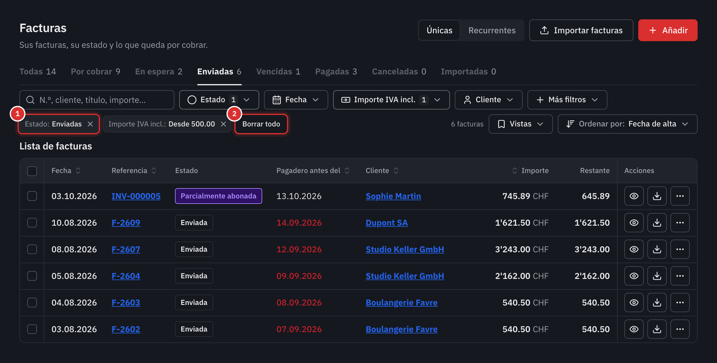 Dos filtros activos, Estado Enviadas e Importe IVA incl. desde 500, con Borrar todo y la lista reducida a cinco facturas.