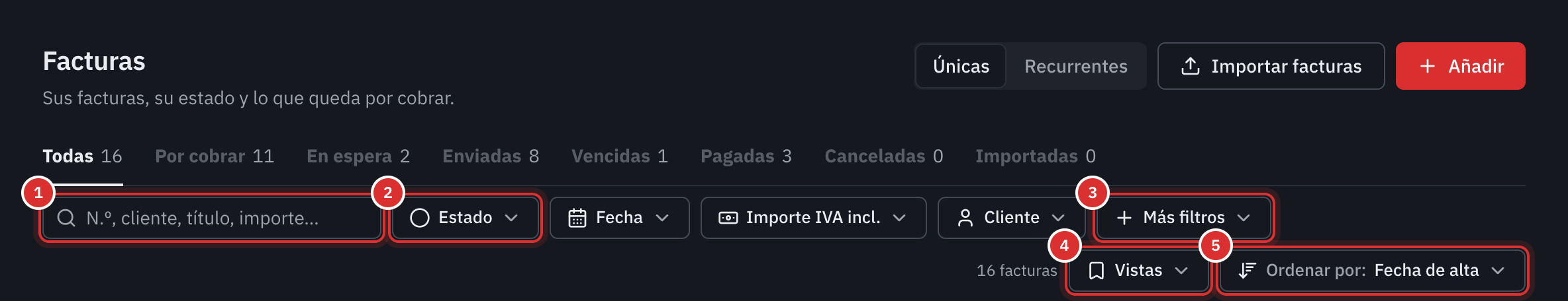 La barra de herramientas de la lista de facturas: la búsqueda, los filtros Estado, Fecha, Importe IVA incl. y Cliente, Más filtros, Vistas y Ordenar por.