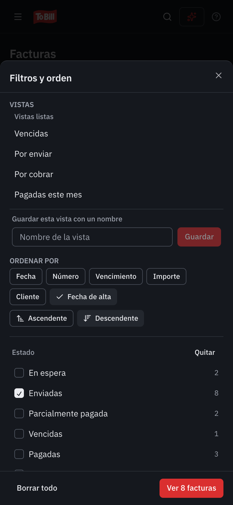 El panel Filtros y orden en un teléfono: las vistas, el orden y el filtro Estado, con el botón Ver 7 facturas.