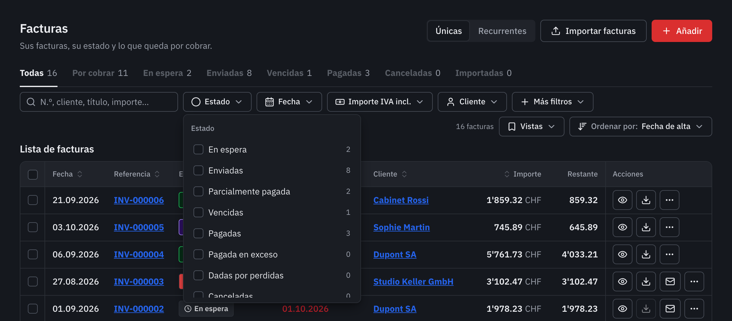 El filtro Estado abierto: En espera, Enviadas, Parcialmente pagada, Vencidas, Pagadas, con su número.