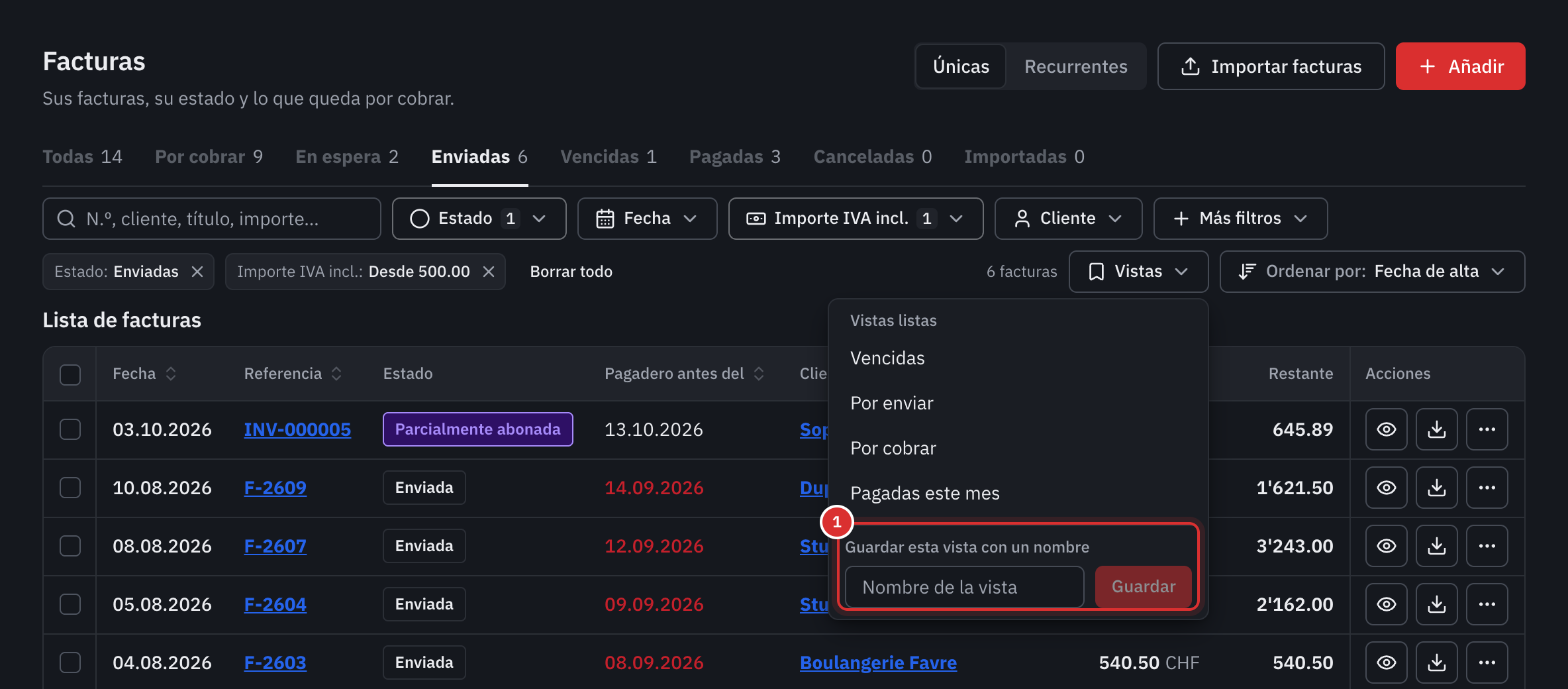 El menú Vistas: las vistas listas y el campo Nombre de la vista con el botón Guardar.