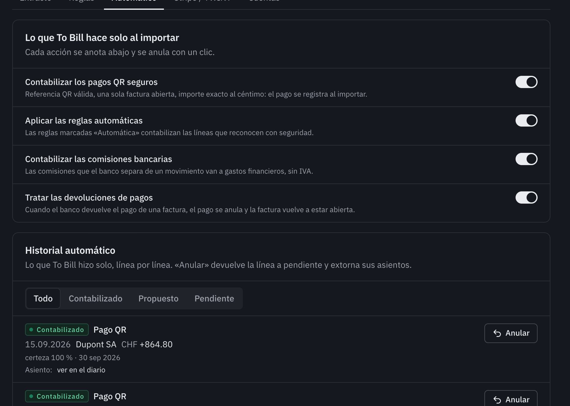 La pestaña Automático: los cuatro interruptores, todos activados, y debajo el historial automático con un pago QR contabilizado y su botón Anular.