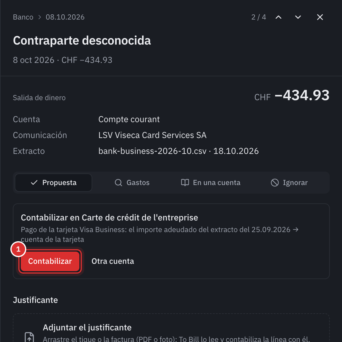 El panel de una línea bancaria de 434.93, LSV Viseca Card Services SA: la propuesta Contabilizar en Tarjeta de crédito de la empresa, pago de la tarjeta Visa Business, el importe adeudado del extracto del 25.09.2026 y el botón Contabilizar.