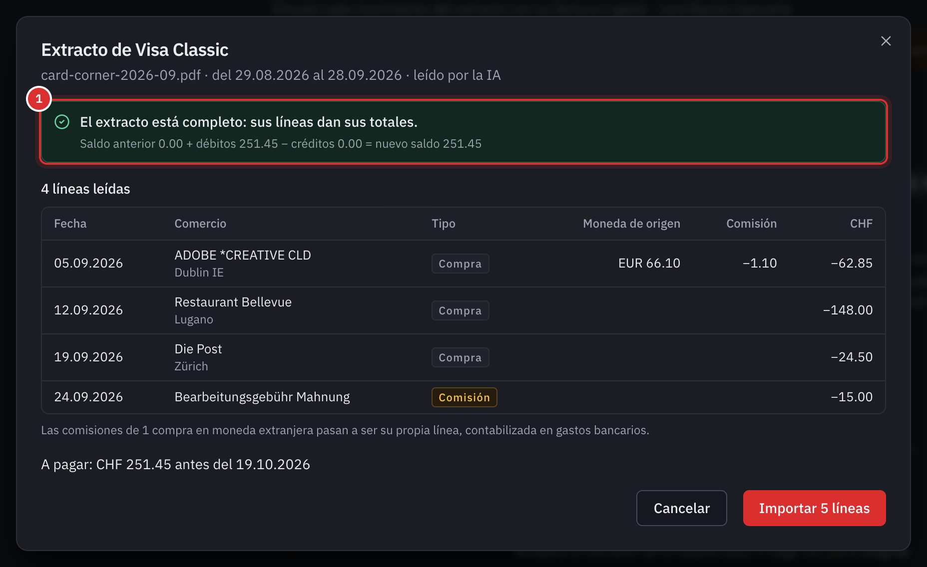 La ventana Extracto de Visa Classic: el extracto leído por la IA, el control El extracto está completo con el cálculo del nuevo saldo, cuatro líneas leídas, entre ellas una compra en euros y su comisión, el importe a pagar y el botón Importar 5 líneas.