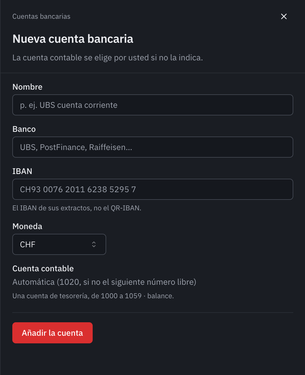 El formulario Nueva cuenta bancaria: el nombre, el banco, el IBAN, la moneda, la cuenta contable automática y el botón Añadir la cuenta.