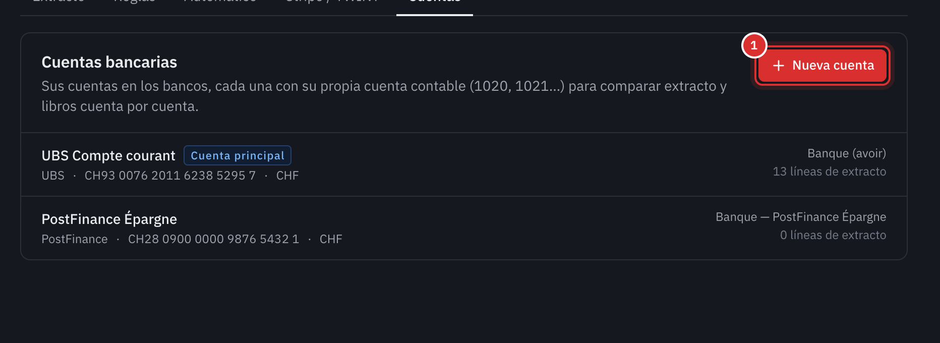 La pestaña Cuentas del banco: UBS Compte courant, marcada como Cuenta principal, y PostFinance Épargne, con su IBAN, su moneda, su cuenta contable y el número de líneas de extracto.