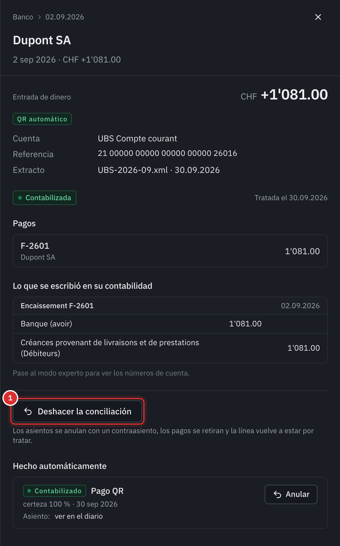 Una línea conciliada automáticamente por su referencia QR: el pago de la factura F-2601, el asiento Banco contra Deudores y el botón Deshacer la conciliación.