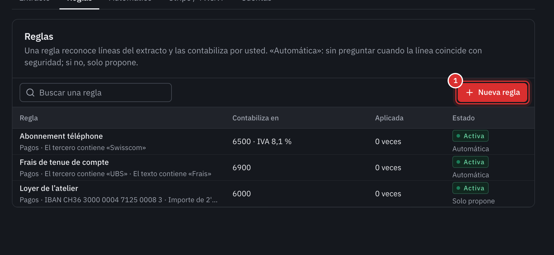 La pestaña Reglas: tres reglas, Abonnement téléphone, Frais de tenue de compte y Loyer de l’atelier, con lo que reconocen, la cuenta en la que contabilizan, el número de aplicaciones y su estado.