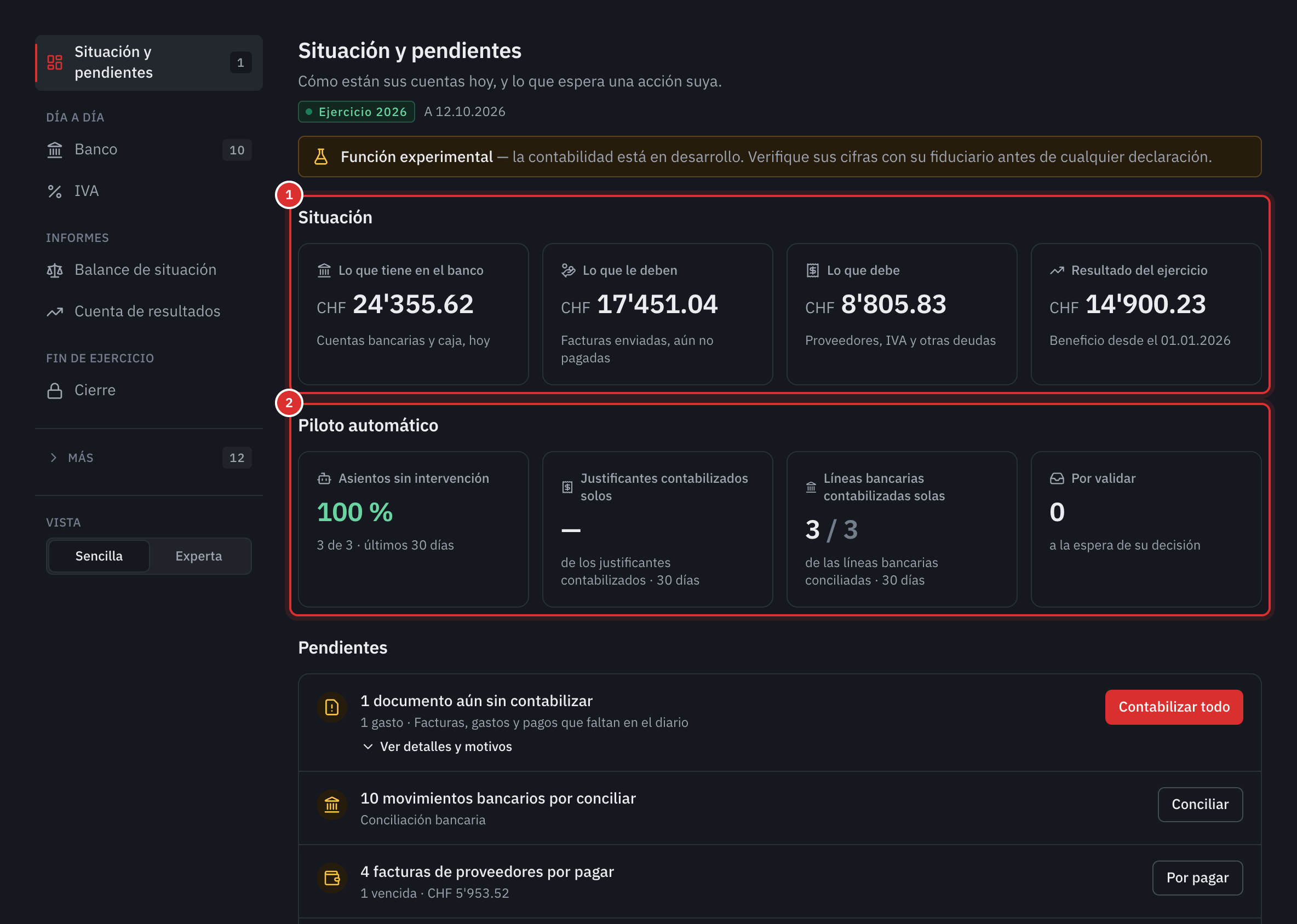 La página Situación y pendientes: cuatro cifras de la situación, el piloto automático y el principio de la lista Pendientes.