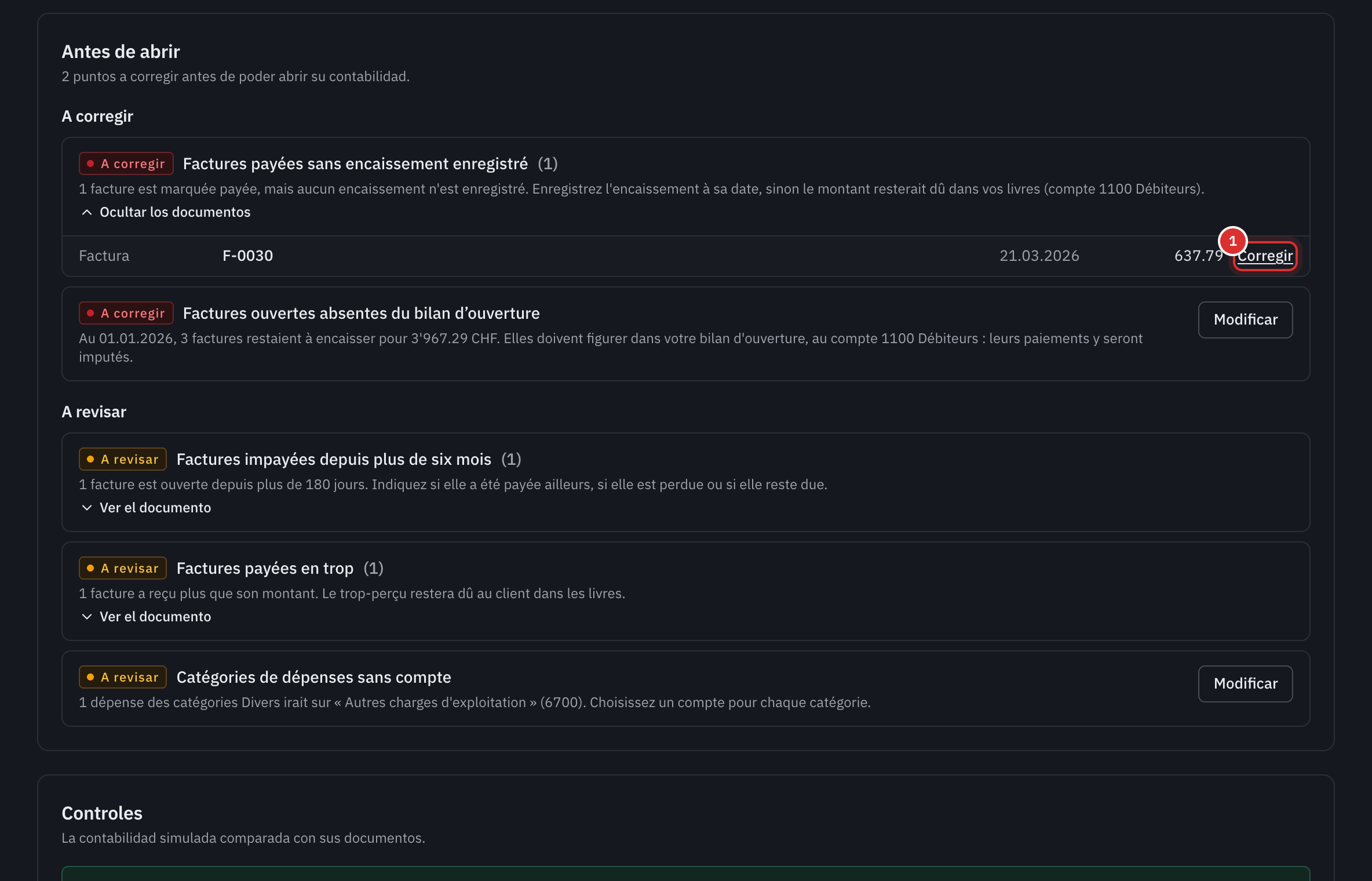 La vista previa: dos puntos a corregir, entre ellos una factura pagada sin cobro, con el enlace Corregir.